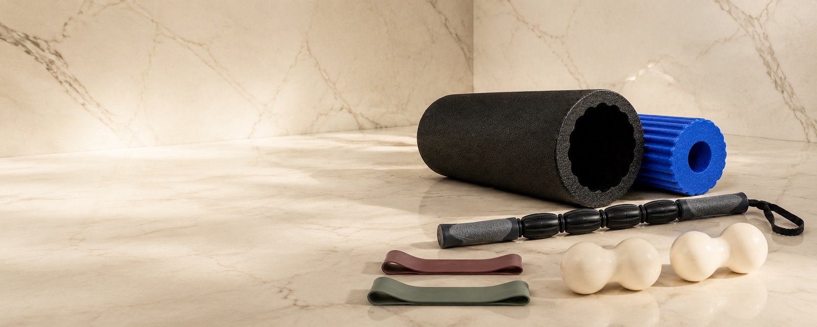 Warm marble corner movement and recovery studio scene with rollers, a massage stick, resistance bands, and peanut-shaped massage balls